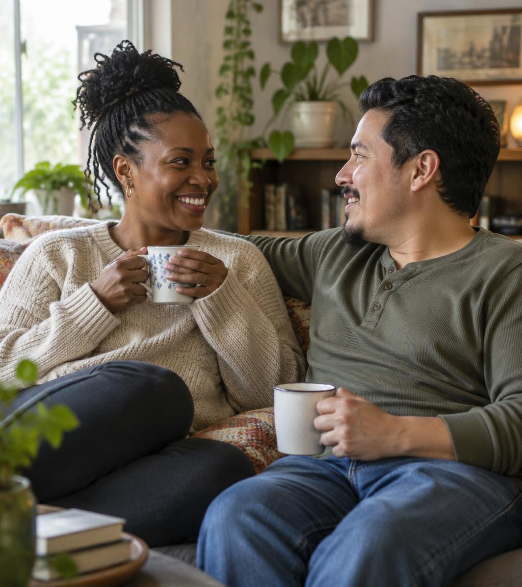 Married couple talking together at home