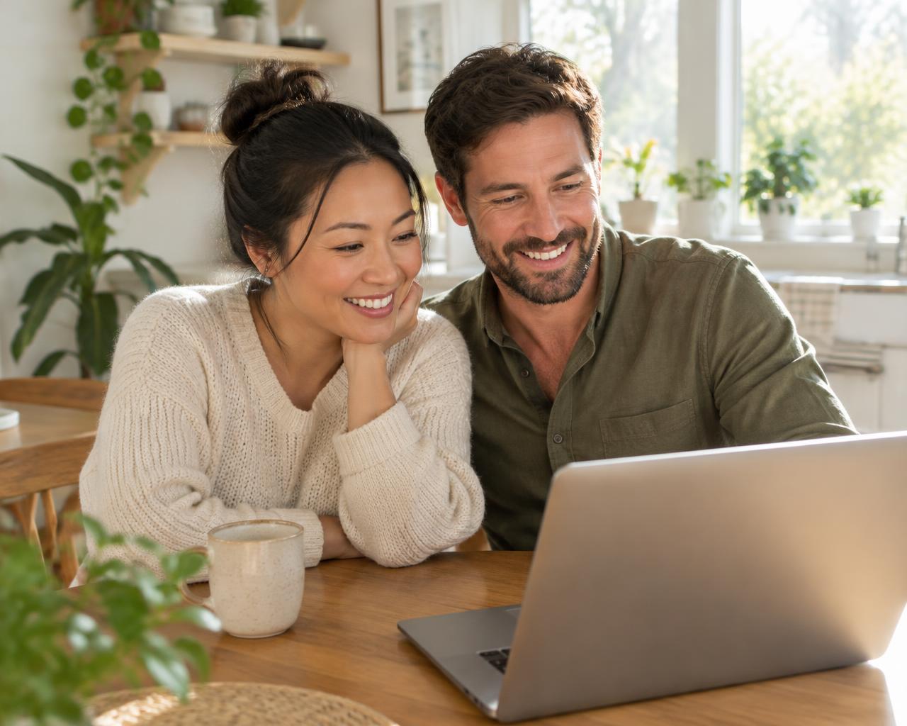 Married couple smiling at a laptop at home